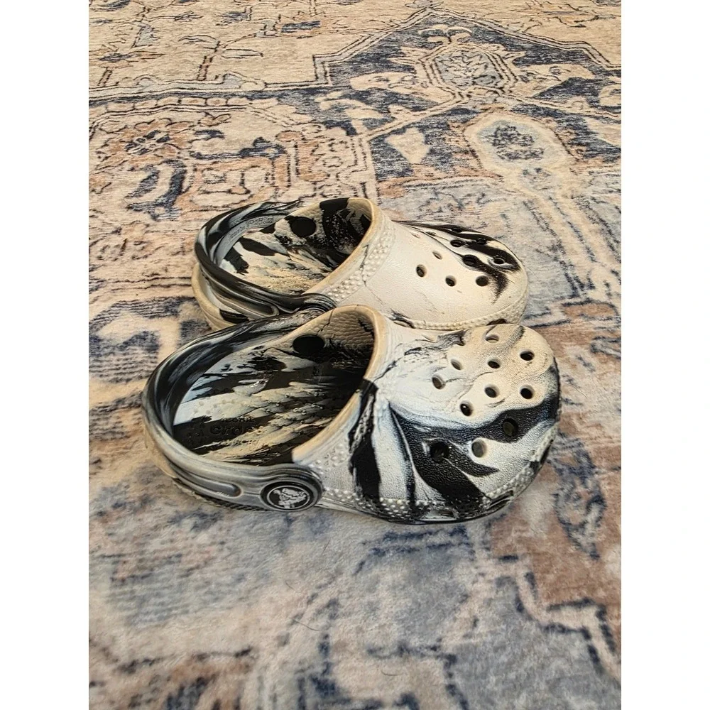 Crocs Toddler 7 Black White Marbled Swirl Slip On Shoes Outdoors